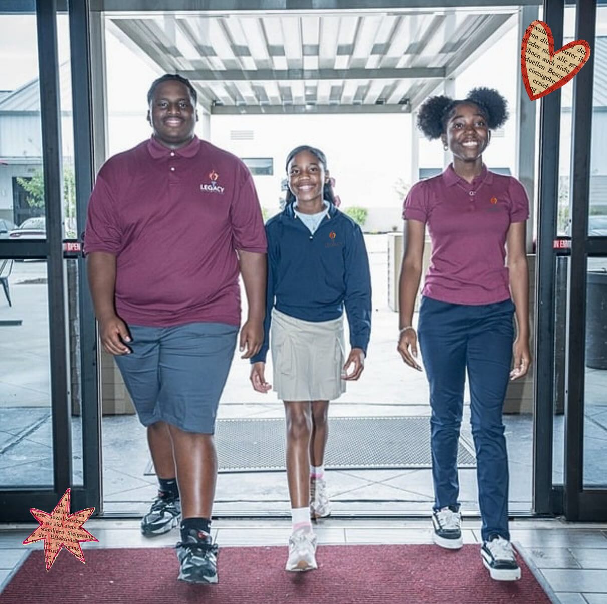 Legacy students wearing maroon, navy, and pink uniform polos