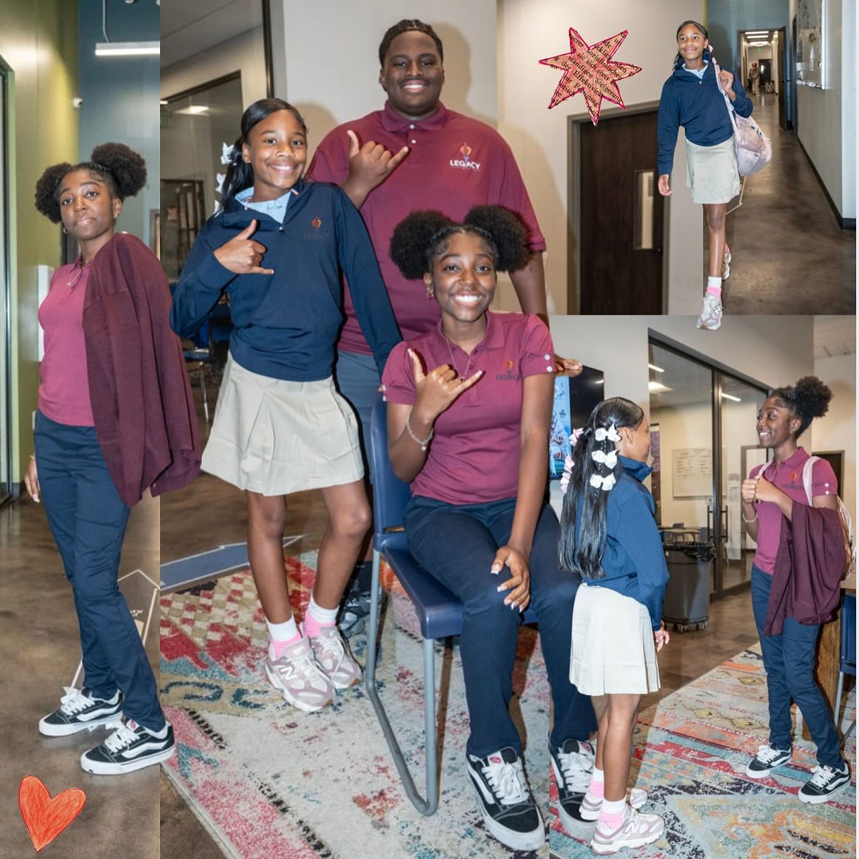 Legacy students showing several school uniform combinations