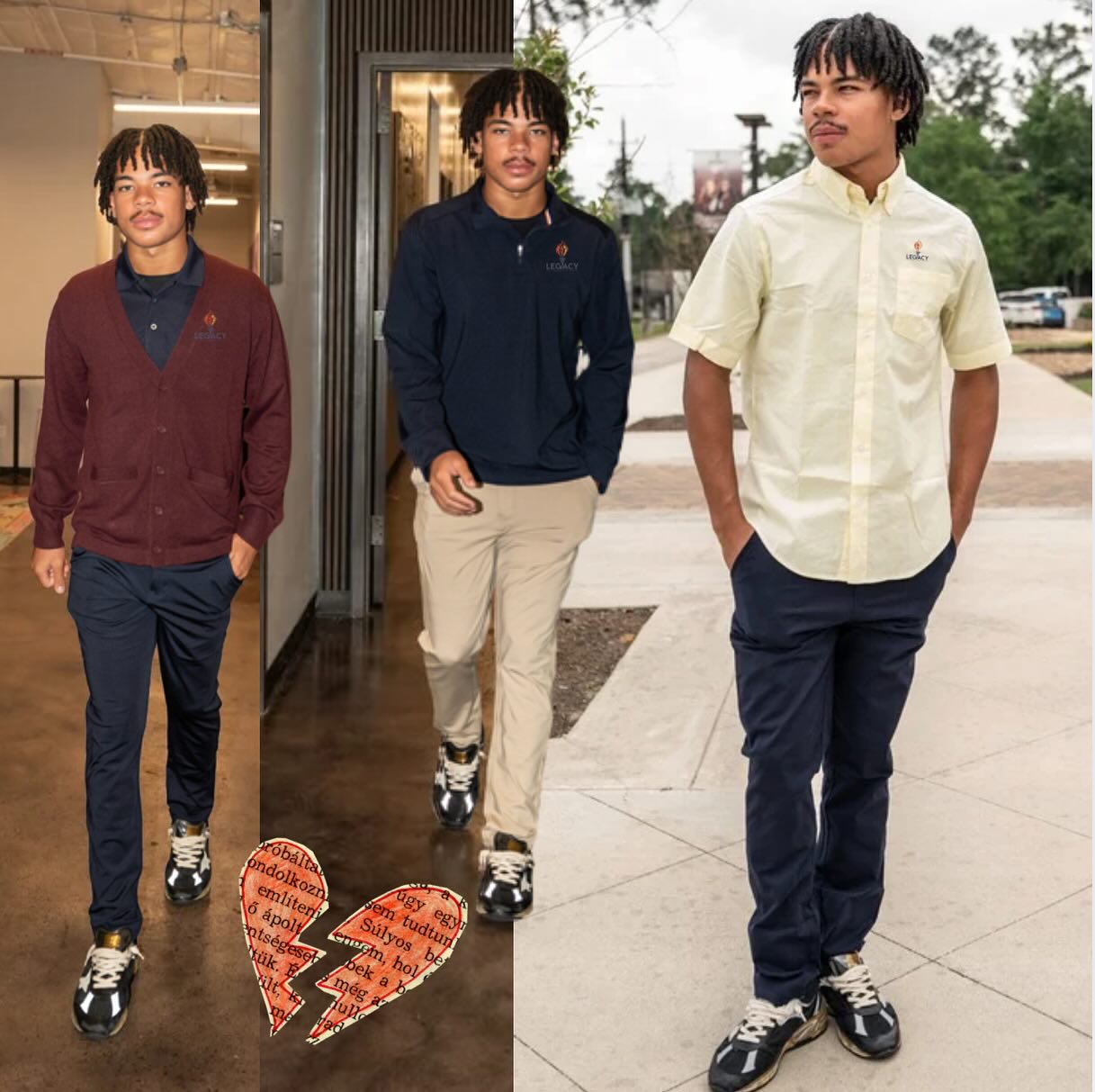 Legacy students modeling cardigan, pullover, and button-down uniform options